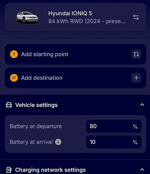 IONITY screen shot showing route planner
